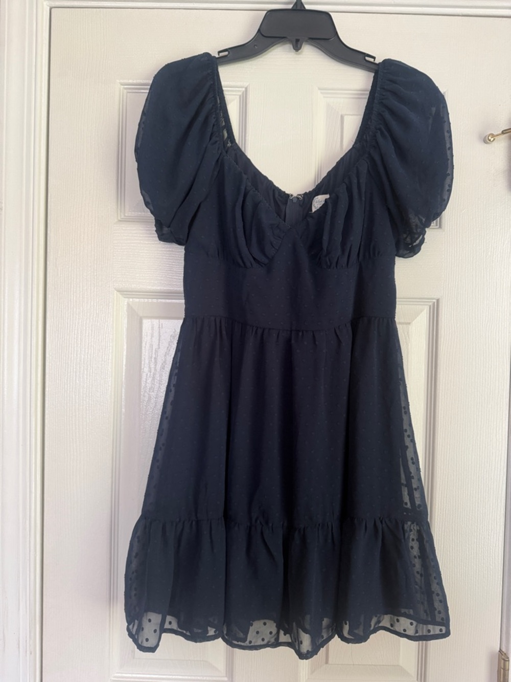 Blue Rain by Francesca’s Juniors Navy Puff Sheer Sleeve Fully Lined Tiered Dress